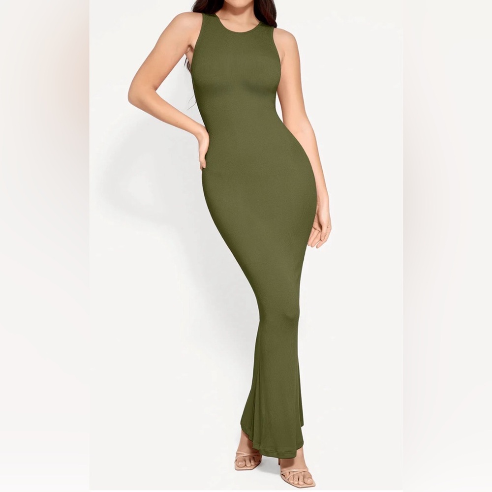 Popilush Elegant Olive Green Sleeveless Maxi Dress ribbed shapewear NWOT medium